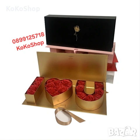 Кутия с рози  I Love you  - луксозен подарък в златиста кутия, снимка 2 - Декорация за дома - 53356214