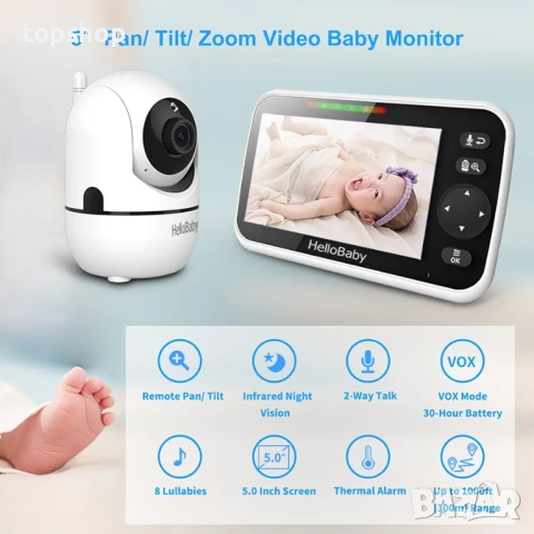 Чисто нов бебефон HelloBaby HB6550 Pro – 5" дисплей и въртяща се камера (Без WiFi) , снимка 2 - Бебефони - 54056703