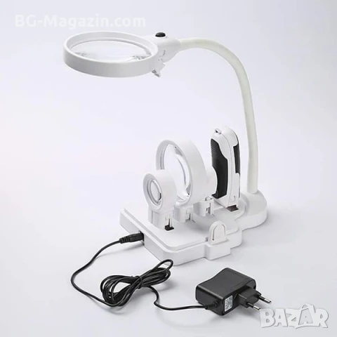 Увеличителна ръчна и настолна лупа с LED осветление сменяеми лещи регулируемо рамо за четене гоблени, снимка 2 - Други инструменти - 50920951