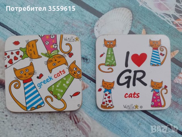 комплект от 2 коркови подложки за чаши от Гърция с котки, снимка 1 - Други стоки за дома - 40773774