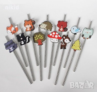 12 бр картонени сламки Горски животни парти украса декорация рожден ден