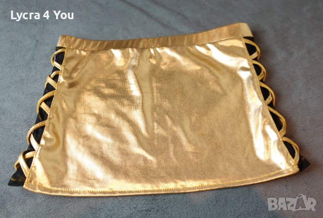 S/M къса златиста лачена пола с платки черен тюл странично, снимка 7 - Поли - 40162305
