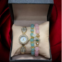 Елегантен дамски комплект - часовник с камъни цирконии и 2 броя гривни с естествени камъни, снимка 1 - Бижутерийни комплекти - 44535607