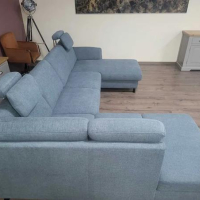 Син ъглов П образен диван от плат LS404520, снимка 11 - Дивани и мека мебел - 44701953