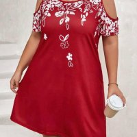 Красива еластична рокля в червено на бели цветя с голи рамене, снимка 1 - Рокли - 42227523
