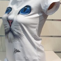 Страхотна нова дамска бяла тениска с 3D принт Котка със сини очи, снимка 11 - Тениски - 29126635