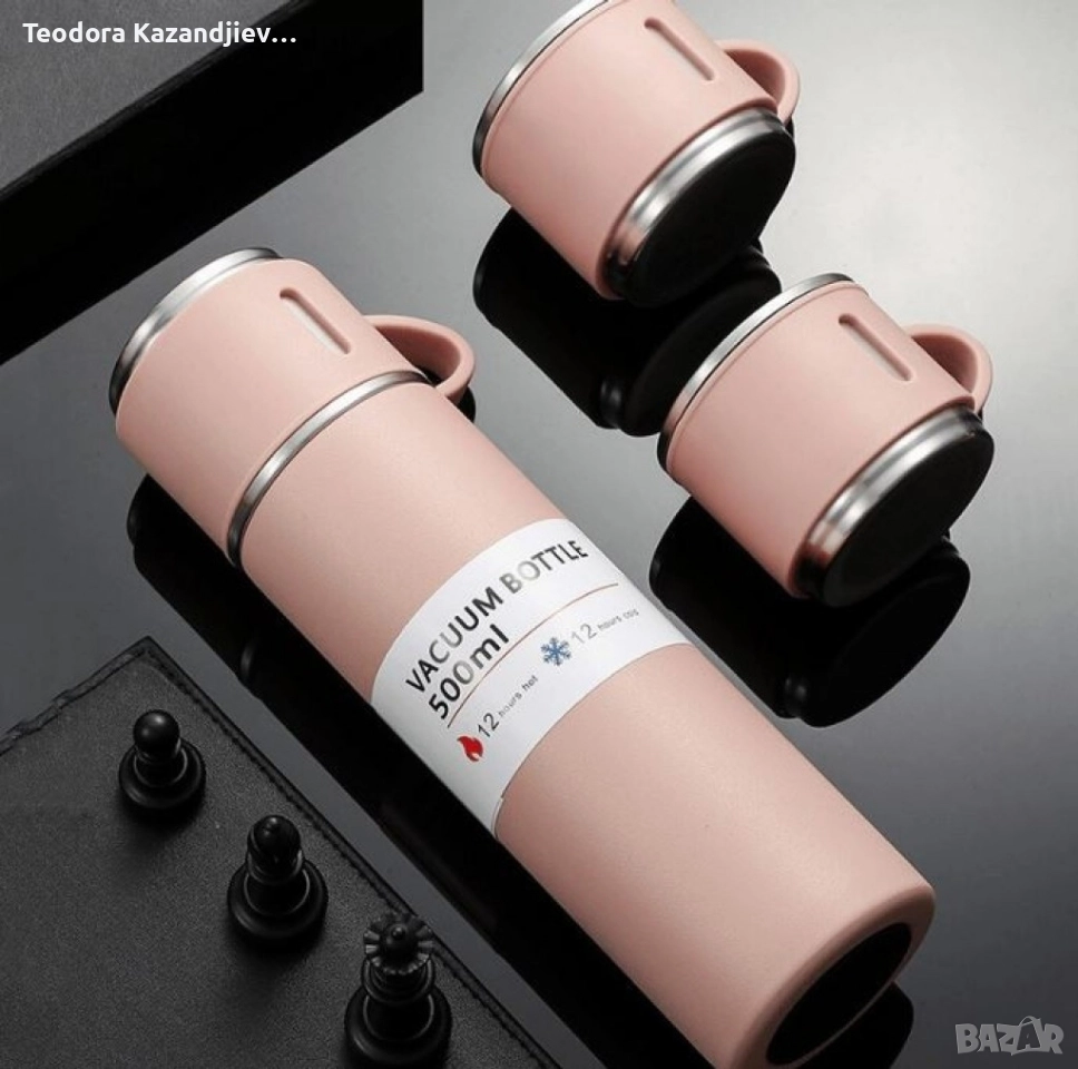 Подаръчен комплект термос с 3 чаши, зелен, розов, сив, снимка 1
