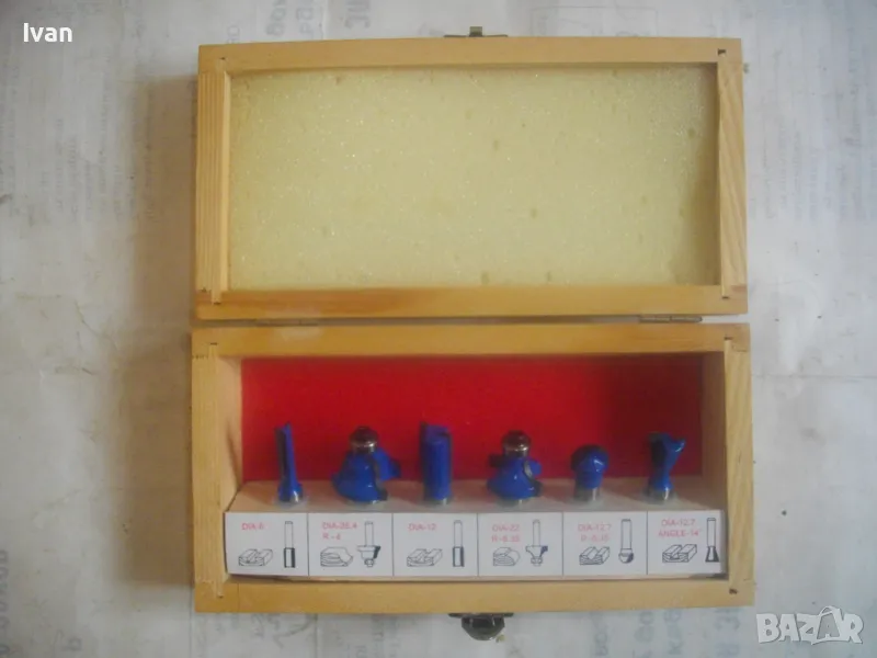НОВ НЕМСКИ КОМПЛЕКТ 6 БРОЯ ФРЕЗИ ФРЕЗЕРИ ЗА ОБЕРФРЕЗА ЗА ДЪРВО ЗАХВАТ ОПАШКА ф8мм В ДЪРВЕНА КУТИЯ, снимка 1