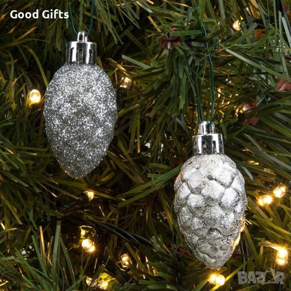12 броя Комплект Сребристи коледни шишарки, Висулки за елха, 5см, снимка 1