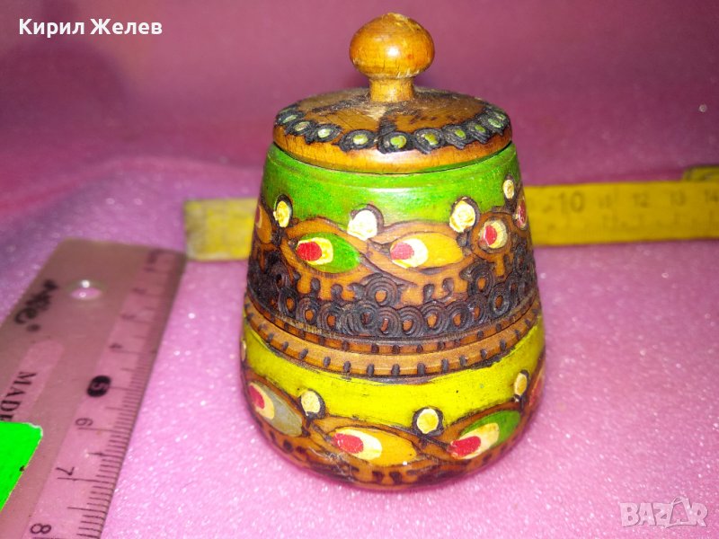 СТАРА ПИРОГРАФИРАНА РЪЧНО РИСУВАНА ЕТНО СТИЛ ДЪРВЕНА СОЛНИЧКА 42531, снимка 1