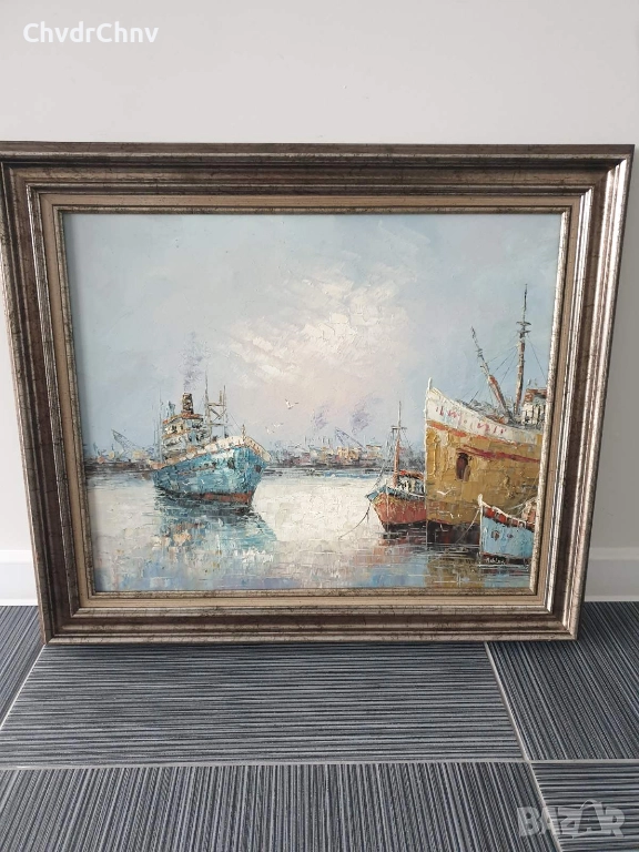 Ashley 74х64см/голяма картина масло върху платно/морски пейзаж/пристанище-рибарски кораби, снимка 1