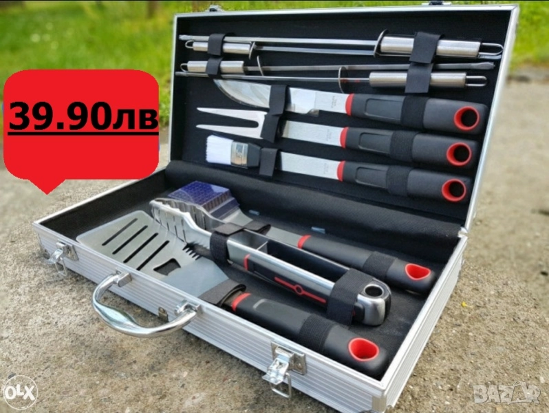 Комплект Луксозни Прибори за Барбекю от 10 части в метален куфар, снимка 1