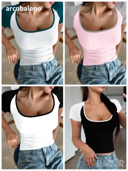 Дамска Y2K секси тениска с U-образно деколте с контрастен цвят и къс ръкав, 4цвята , снимка 1
