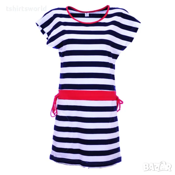 Нова дамска моряшка рокля на тъмносиньо и бяло райе, с червено коланче, снимка 1