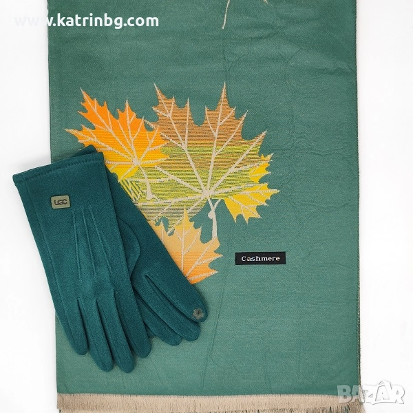 Кашмирен шал с листа и ръкавици-Стилен дамски зимен комплект в зелено Код на продукта:DAK-0021, снимка 1
