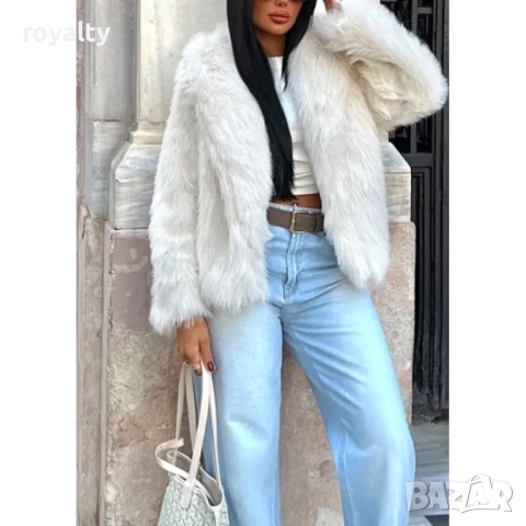 Дамско бяло палто с еко-косъм и голяма яка, снимка 4 - Палта, манта - 52198475