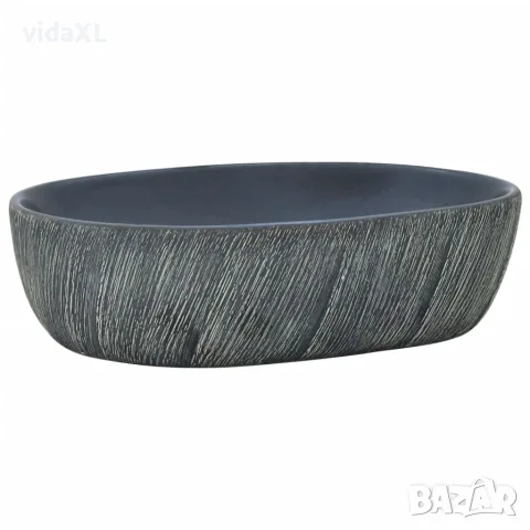 vidaXL Мивка за плот, черно и сиво, овална, 47x33x13 см, керамика