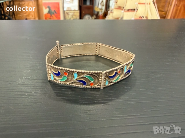 Стара сребърна гривна с многоцветен емайл. №8070, снимка 5 - Гривни - 54062209