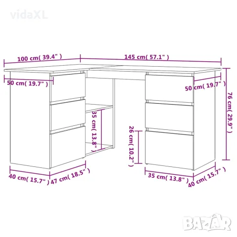 vidaXL Ъглово бюро, бяло, 145x100x76 см, инженерно дърво, снимка 8 - Бюра - 56147725