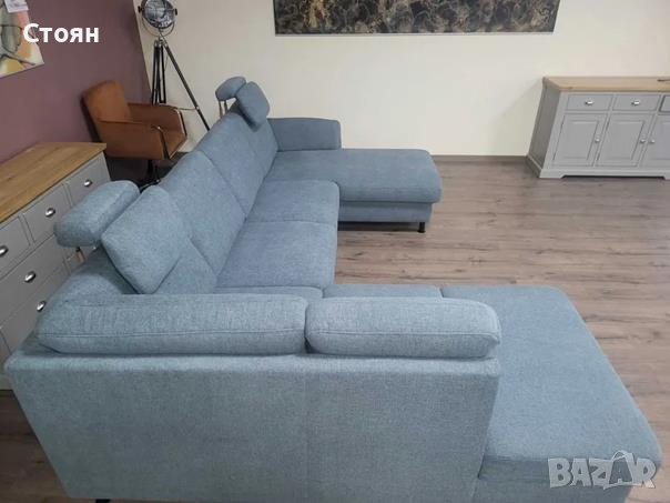 Син ъглов П образен диван от плат LS404520, снимка 11 - Дивани и мека мебел - 44701953