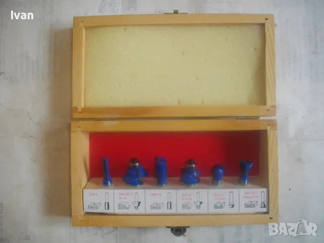 НОВ НЕМСКИ КОМПЛЕКТ 6 БРОЯ ФРЕЗИ ФРЕЗЕРИ ЗА ОБЕРФРЕЗА ЗА ДЪРВО ЗАХВАТ ОПАШКА ф8мм В ДЪРВЕНА КУТИЯ