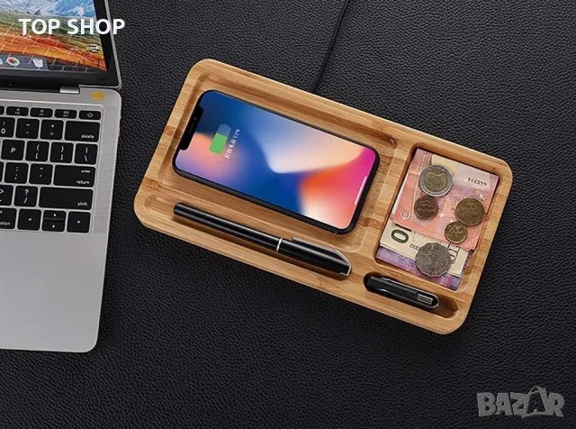 Органайзер за бюро XTronic,станция за зареждане на Apple от бамбук,и Qi-съвместим,10 вата, снимка 2 - Безжични зарядни - 48678658