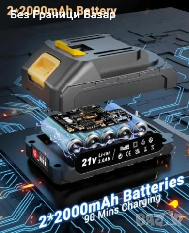 Нов Винтоверт Акумулаторна бормашина 21V 45Nm Brushless 2x2.0Ah 20+1 степени 14 аксесоара куфар, снимка 4 - Винтоверти - 56130915