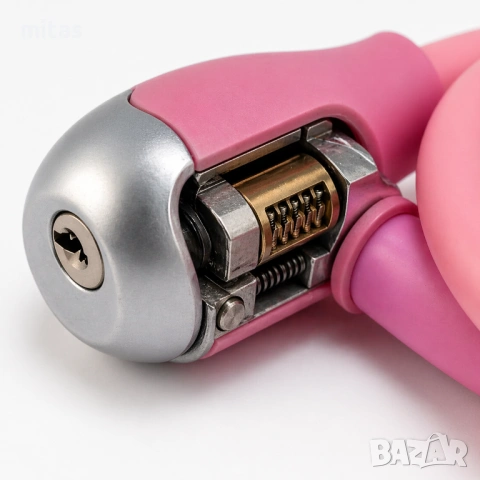 Заключващо устройство за велосипед с ключ WAG PINK 120см/12мм, силиконово покритие, катинар, снимка 5 - Аксесоари за велосипеди - 51958728