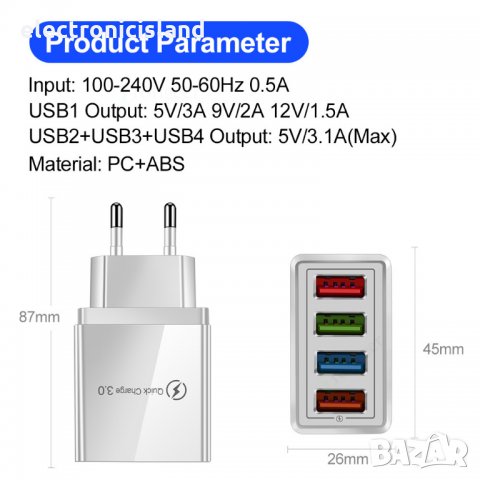 Бързо USB зарядно за смарт телефон 3А QC 3.0 4xUSB извода, снимка 10 - Оригинални зарядни - 29399882