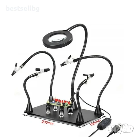 Увеличителна настолна лупа магнитна станция за запояване с LED осветление трета помощна ръка щипки к, снимка 7 - Поялници и запояване - 50876444