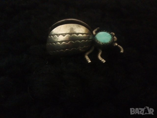  Стара сребърна брошка бръмбар с тюркоаз масивна уникат, снимка 5 - Колиета, медальони, синджири - 33954703