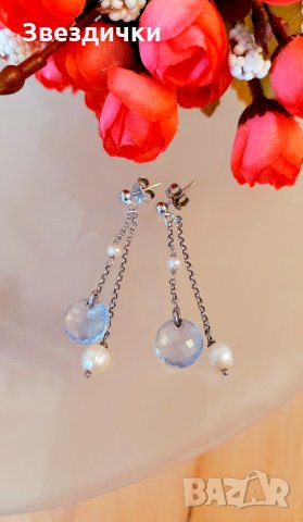 Сребърни обеци със сини кристали и перлички
