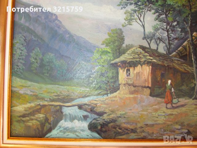Стара картина ,Виктор Попов селски пейзаж,маслени бои,картонбои, снимка 8 - Картини - 35502034