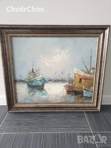 Ashley 74х64см/голяма картина масло върху платно/морски пейзаж/пристанище-рибарски кораби