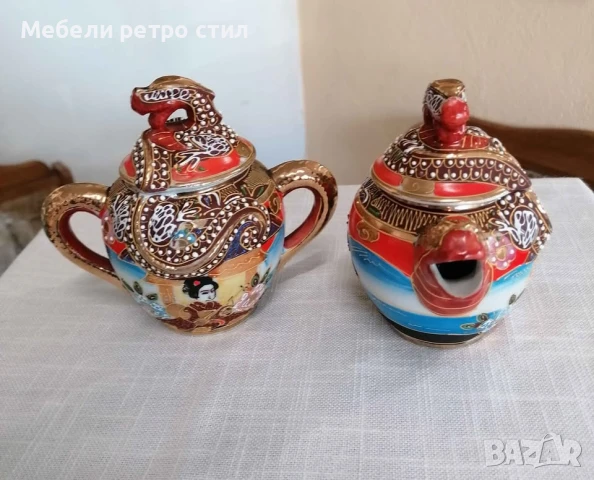Японски комплект захарница и каничка за чай Satsuma. С богато рисувана релефна декорация. , снимка 4 - Декорация за дома - 51327811