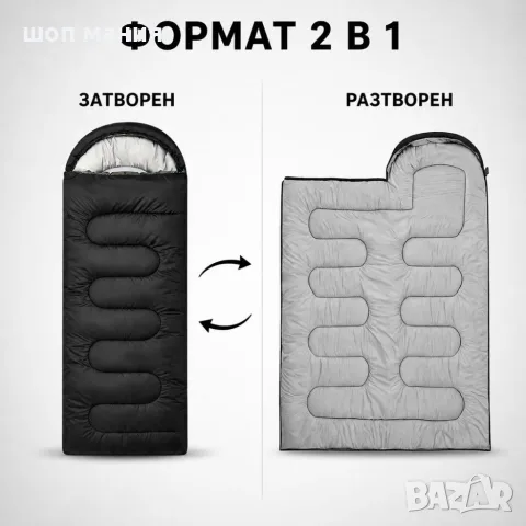 Туристически спален чувал 2 в 1 с качулка, 210 × 75 см, снимка 4 - Спортна екипировка - 55936810