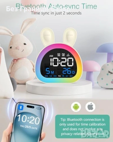 Нов Детски дигитален будилник с 2 аларми RGB светлина зайче лампа стая дете, снимка 2 - Други - 54207412