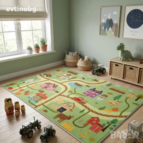 Детски килим "Веселата Ферма" 120х160см – Светлозелен с животни и природа, Противоплъзгащ и Миещ се, снимка 3 - Други - 53881679