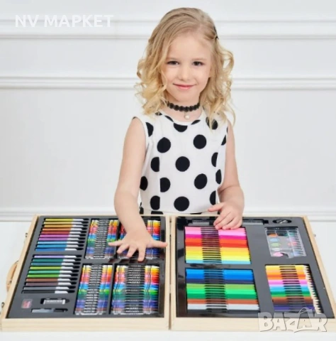 Детски комплект за рисуване - 180 части.,в масивен дървен куфар със заключващ механизъм, снимка 4 - Рисуване и оцветяване - 53900565