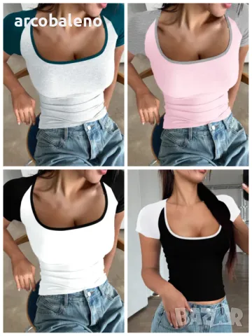 Дамска Y2K секси тениска с U-образно деколте с контрастен цвят и къс ръкав, 4цвята 