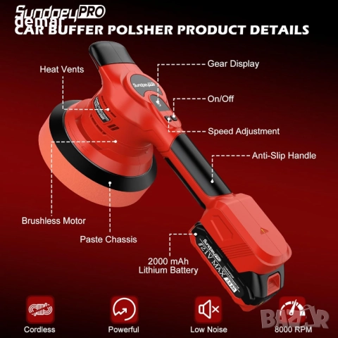 Безжична полираща машина за автомобили, 8000 об/мин, 8 скорости, 2 x 2.0Ah батерии, снимка 8 - Други инструменти - 52732725