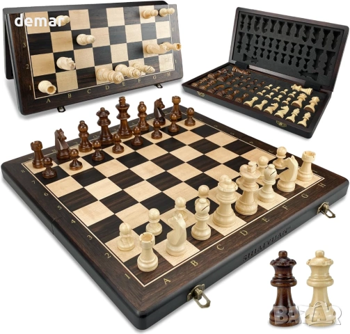 Дървен шахматен комплект магнитен – сгъваема шахматна дъска 39 см, 34 фигури