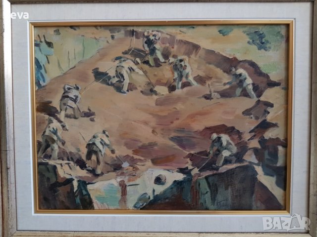 Георги Железаров 1897- 1982 Полагане основи на къща масло, снимка 2 - Картини - 38892080