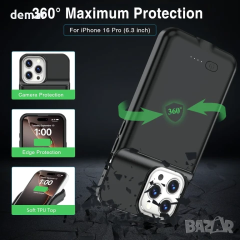 Калъф GIN FOXI с батерия за iPhone 16 Pro (6.3"), 15W, 8500mAh (черен), снимка 6 - Калъфи, кейсове - 50688562
