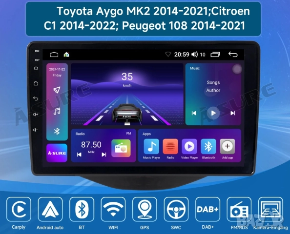 Мултимедия, за Toyota Aygo, Citroen C1, Peugeot 108, Андроид, навигация, Двоен 2DIN, плеър, Android, снимка 5 - Аксесоари и консумативи - 51933756