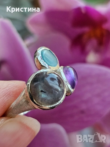 Красив сребърен пръстен с Лабрадорит, Аметист и Халцедон, снимка 3 - Пръстени - 54234681