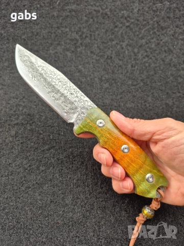 Уникален ловен нож дамаска стомана,фултанг с кожена кания LN422, снимка 11 - Ножове - 52212970