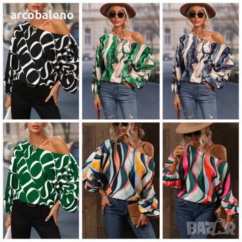 Дамска блуза с щампа и едно рамо с широк ръкав с балон, 7цвята - 023, снимка 1 - Блузи с дълъг ръкав и пуловери - 40171643