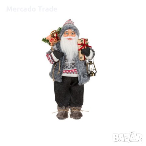 Коледна реалистична фигура Дядо Коледа, Сиво палто и подаръци, 46см 