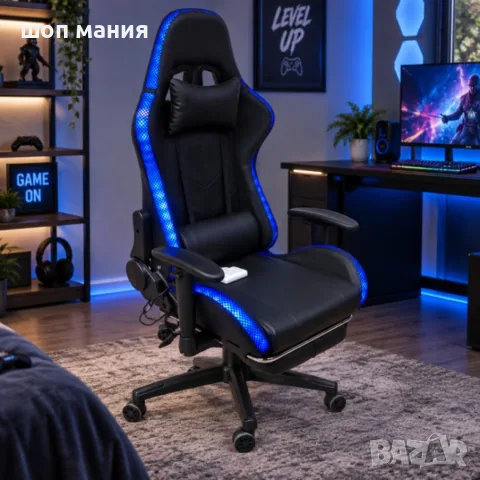 Комплект Геймърско бюро с RGB LED осветление и геймърски стол с RGB LED осветление и дистанционно, снимка 3 - Столове - 56099900